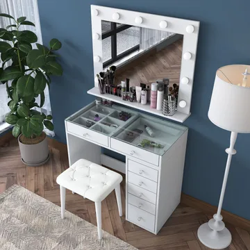 Meikkipöytä Wallxpert Lora-hylly (90 x 79,8 x 44,5 cm) valkoinen - Valkoinen - Huonekalut - Pöytä & ruokailuryhmä - Meikki- & kampauspöydät - Meikkipöytä valolla