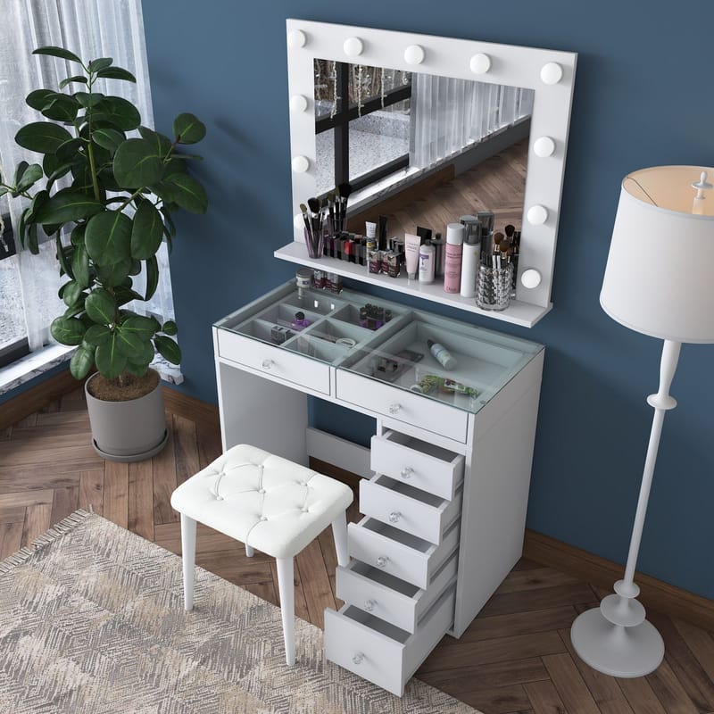 Meikkipöytä Wallxpert Lora-hylly (90 x 79,8 x 44,5 cm) valkoinen - Valkoinen - Huonekalut - Pöytä & ruokailuryhmä - Meikki- & kampauspöydät - Meikkipöytä valolla