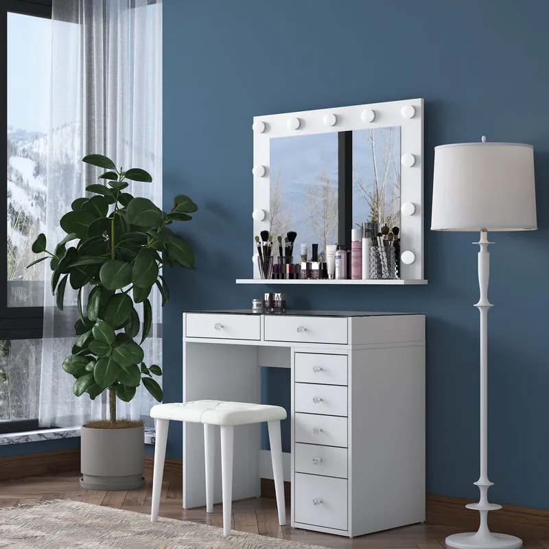 Meikkipöytä Wallxpert Lora-hylly (90 x 79,8 x 44,5 cm) valkoinen - Valkoinen - Huonekalut - Pöytä & ruokailuryhmä - Meikki- & kampauspöydät - Meikkipöytä valolla