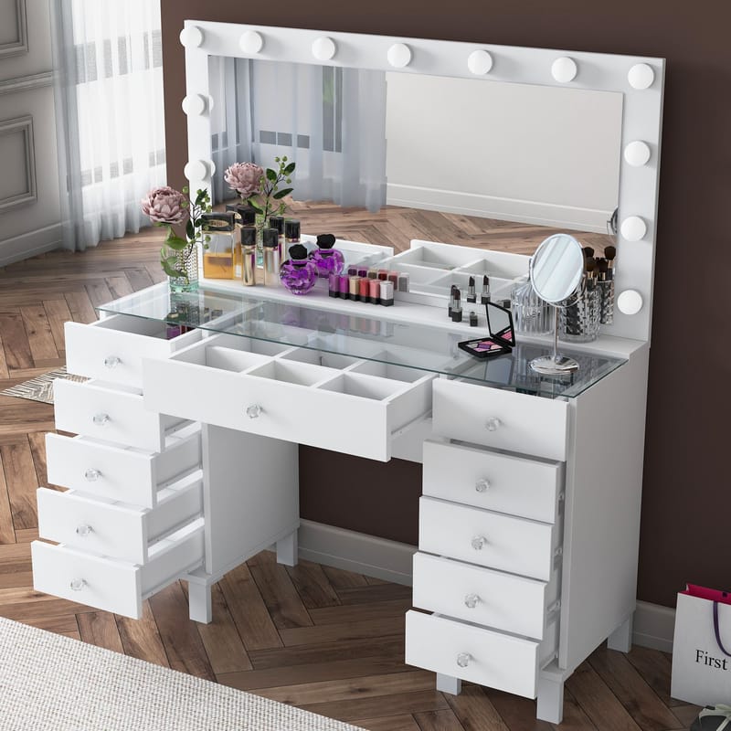 Meikkipöytä Wallxpert Mira Shelf BJ137 (120 x 133,6 x 40 cm) valkoinen - Valkoinen - Huonekalut - Pöytä & ruokailuryhmä - Meikki- & kampauspöydät - Meikkipöytä valolla