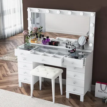 Meikkipöytä Wallxpert Mira Shelf BJ163 (120 x 133,6 x 40 cm) valkoinen - Valkoinen - Huonekalut - Pöytä & ruokailuryhmä - Meikki- & kampauspöydät - Meikkipöytä valolla