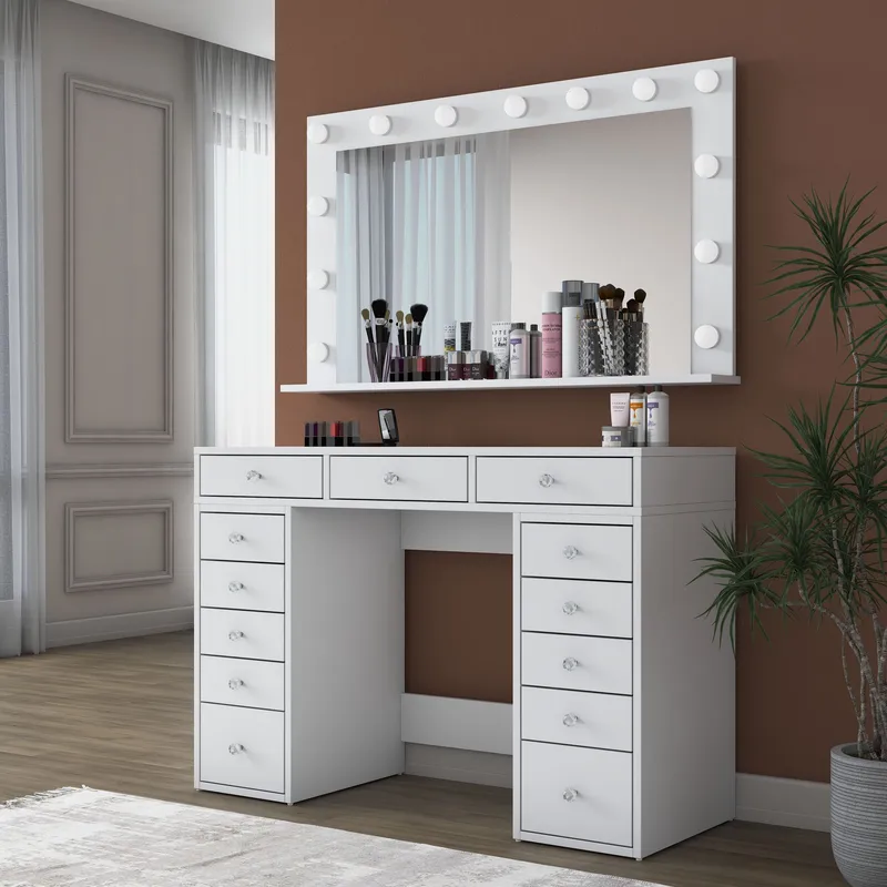 Meikkipöytä Wallxpert Pira (120 x 81,6 x 44,5 cm) valkoinen Viileä valkoinen - Valkoinen, kylmä valkoinen - Huonekalut - Pöytä & ruokailuryhmä - Meikki- & kampauspöydät - Meikkipöytä valolla