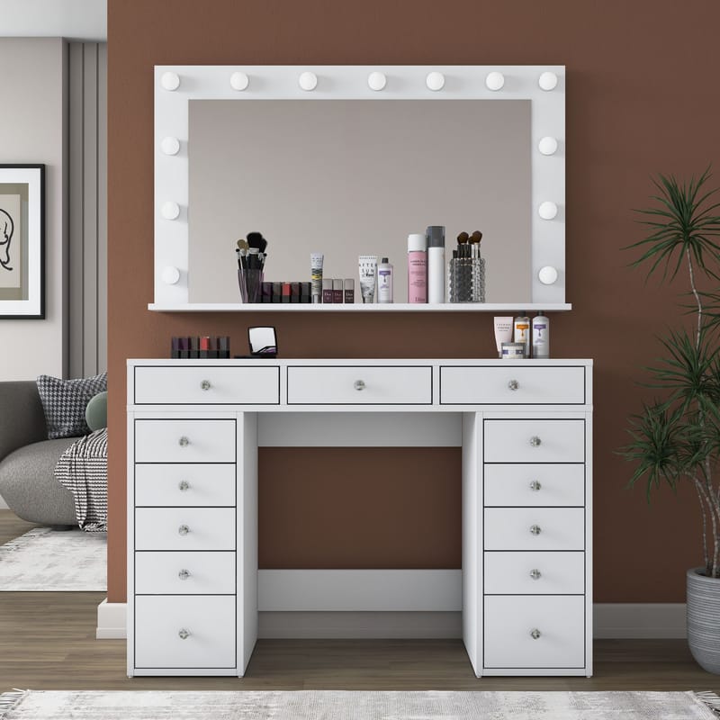 Meikkipöytä Wallxpert Pira (120 x 81,6 x 44,5 cm) valkoinen Viileä valkoinen - Valkoinen, kylmä valkoinen - Huonekalut - Pöytä & ruokailuryhmä - Meikki- & kampauspöydät - Meikkipöytä valolla