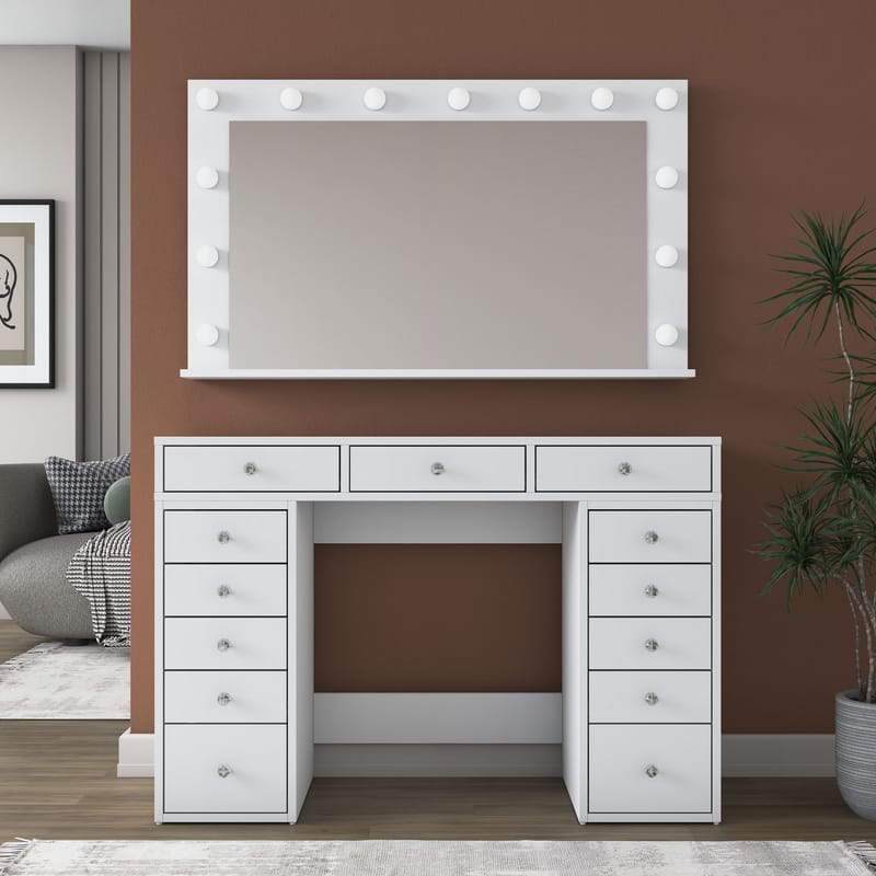 Meikkipöytä Wallxpert Pira (120 x 81,6 x 44,5 cm) valkoinen Viileä valkoinen - Valkoinen, kylmä valkoinen - Huonekalut - Pöytä & ruokailuryhmä - Meikki- & kampauspöydät - Meikkipöytä valolla