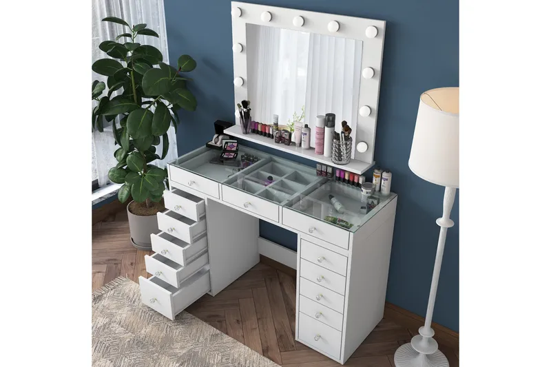 Ramender Iso Meikkipöytä peilillä ja valoilla, jossa säilytystilaa, Lasi