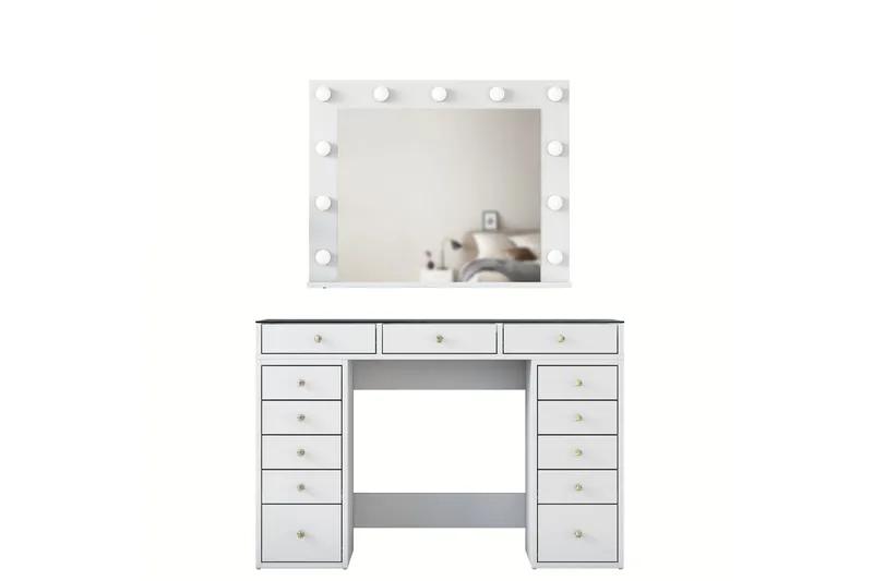 Ramender Iso Meikkipöytä peilillä ja valoilla, jossa säilytystilaa - Lasi - Huonekalut - Pöytä & ruokailuryhmä - Meikki- & kampauspöydät - Meikkipöytä valolla