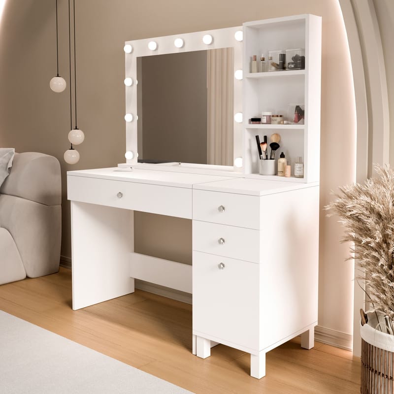 Meikkipöytä Hanah Home Monroe (125,4 x 147 x 44,5 cm) valkoinen - Valkoinen - Huonekalut - Pöytä & ruokailuryhmä - Meikki- & kampauspöydät