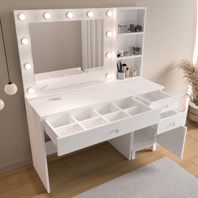 Meikkipöytä Hanah Home Monroe (125,4 x 147 x 44,5 cm) valkoinen - Valkoinen - Huonekalut - Pöytä & ruokailuryhmä - Meikki- & kampauspöydät