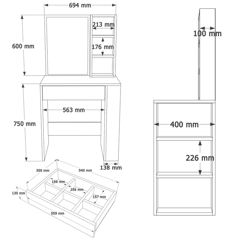 Meikkipöytä Hanah Home Monroeve (69,4 x 135 x 40 cm) Valkoinen - Valkoinen - Huonekalut - Pöytä & ruokailuryhmä - Meikki- & kampauspöydät