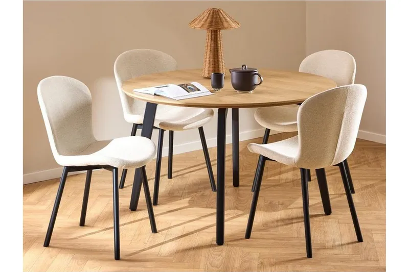Motona Ruokailuryhmä Pyöreä 120 Cm + 4 Amrita-Ruokailutuolia, Musta/Beige