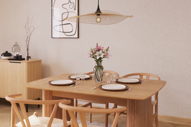 Navjot Ruokailuryhmä 140 cm ja 4 Dastoori Tuolia - Tammi - Huonekalut - Pöytä & ruokailuryhmä - Ruokailuryhmä