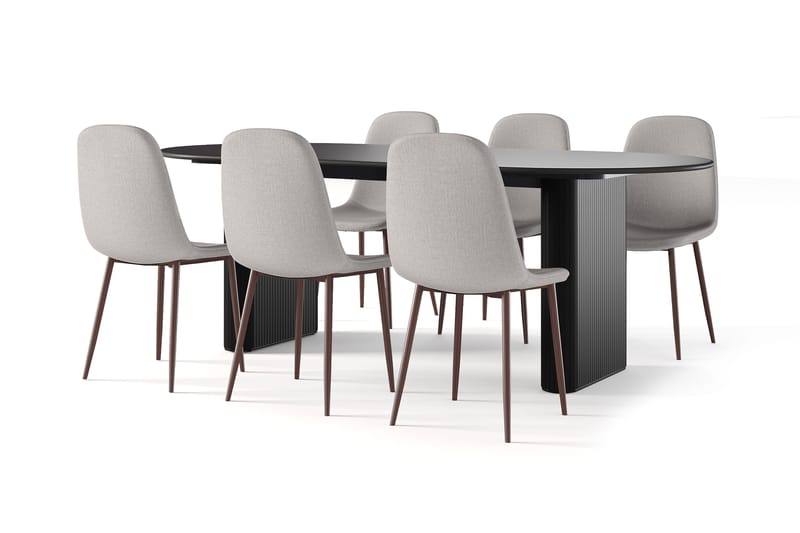 Neandir Soikea Ruokapöytä 220 cm Musta + 6 kpl Naira tuoli beige pähkinäjaloilla, Musta/Beige