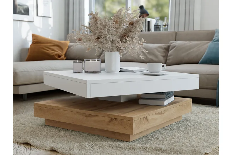 Nenani 70 cm neliönmuotoinen sohvapöytä kääntyvällä puisella pöytälevyllä - Valkoinen|Beige - Huonekalut - Pöytä & ruokailuryhmä - Sohvapöytä