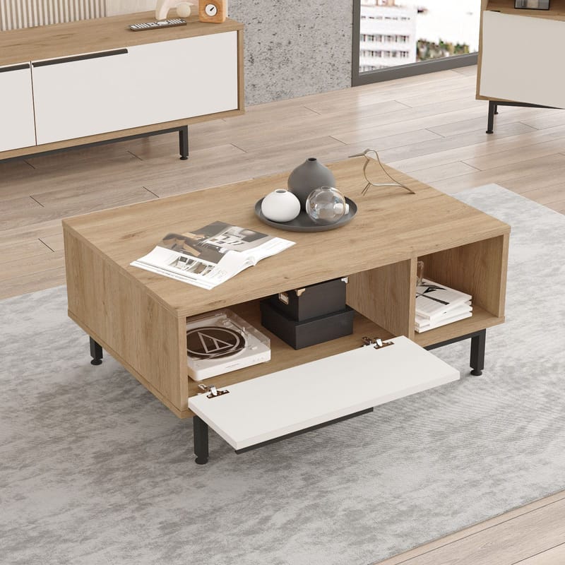 Nilena sohvapöytä 90x37,6x60 cm - Tammi ja valkoinen - Huonekalut - Pöytä & ruokailuryhmä - Sohvapöytä