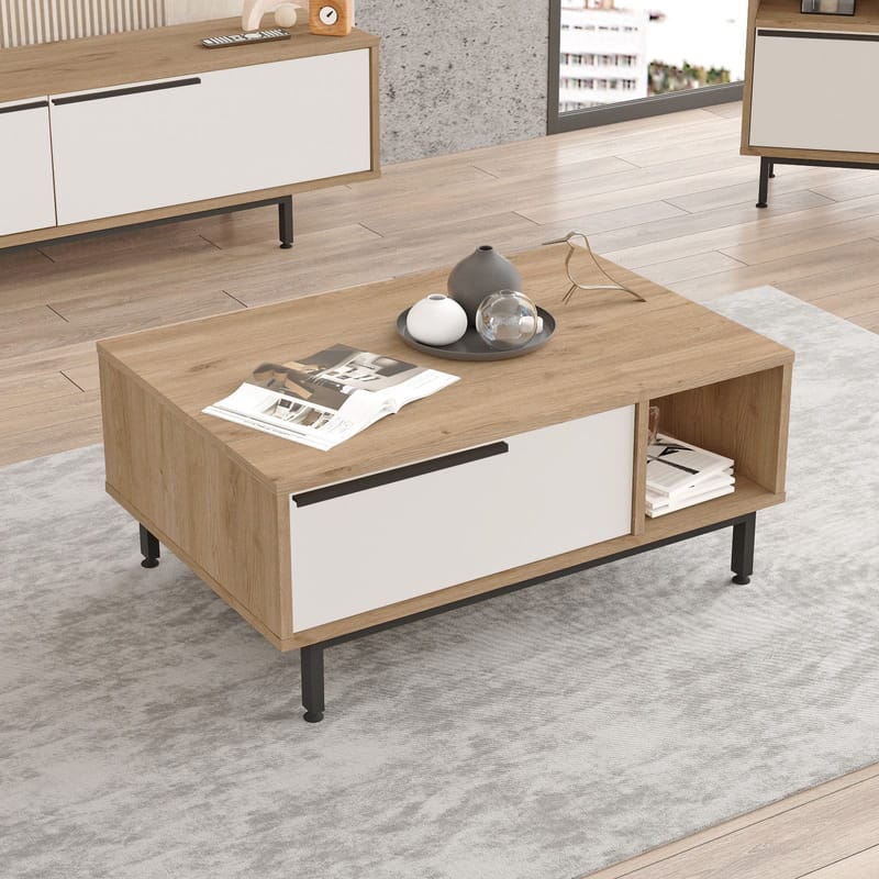 Nilena sohvapöytä 90x37,6x60 cm - Tammi ja valkoinen - Huonekalut - Pöytä & ruokailuryhmä - Sohvapöytä