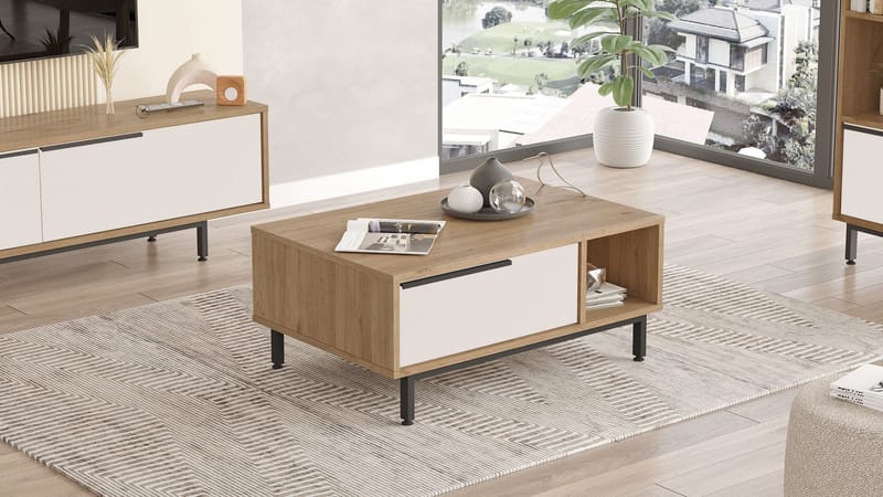 Nilena sohvapöytä 90x37,6x60 cm - Tammi ja valkoinen - Huonekalut - Pöytä & ruokailuryhmä - Sohvapöytä