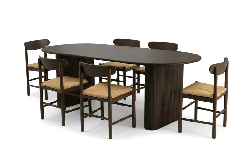 Noira-jatkettava ruokailuryhmä 160–220 cm savustettua tammea, 6 Malte-ruokatuolia, undefined
