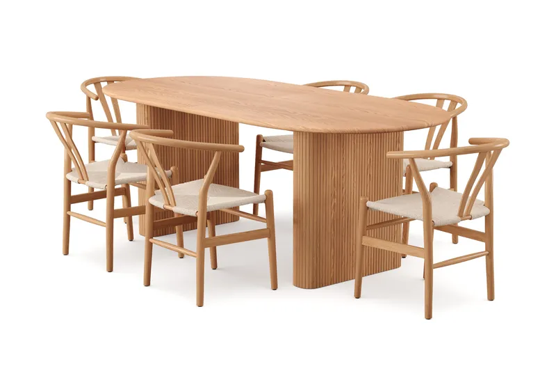Noira-jatkettava ruokailuryhmä 220–320 cm, tammi, 8 Dastoori-ruokatuolilla, Tammi