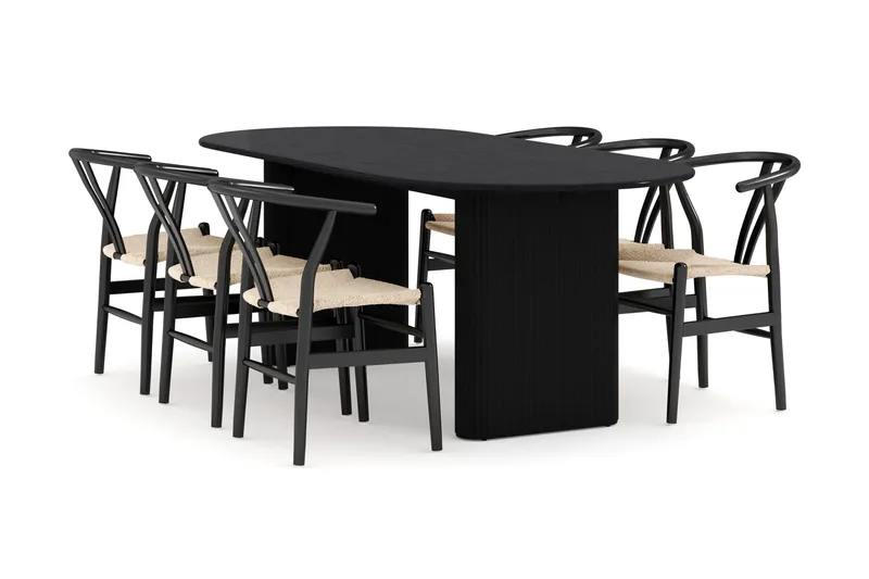 Noira Oval ruokailuryhmä 220 cm puusta, 6 tuolilla, musta