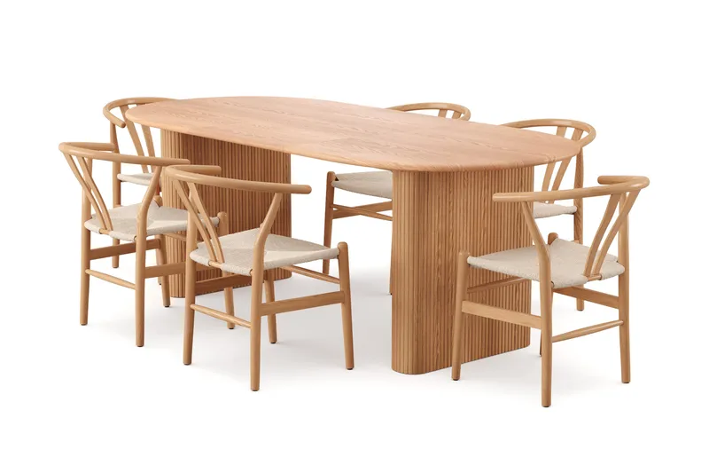 Noira-ruokailuryhmä, jatkettava 160–220 cm, tammi, 6 Dastoori-ruokatuolia, Tammi