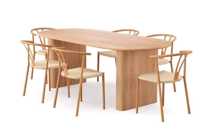 Noira-ruokailuryhmä, jatkettava 160–220 cm, tammi, 6 Elysia-ruokapöydän tuolia, Tammi