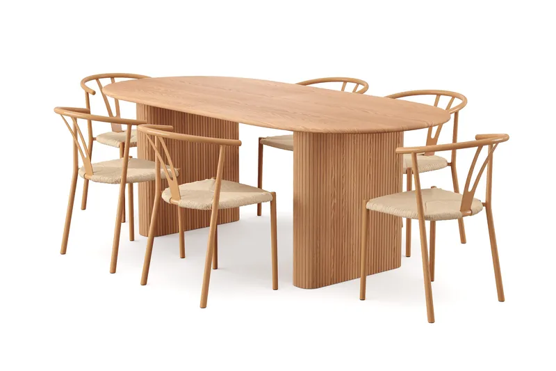 Noira-ruokailuryhmä, jatkettava 220–320 cm, tammi, 6 Elysia-ruokapöydän tuolia, Tammi