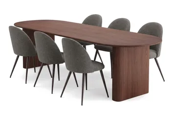 Noira-ruokailuryhmä, jatkettava pöytä 220–320 cm ja 6 Nibe Plus -ruokatuolia - Pähkinä - Huonekalut - Pöytä & ruokailuryhmä - Ruokailuryhmä
