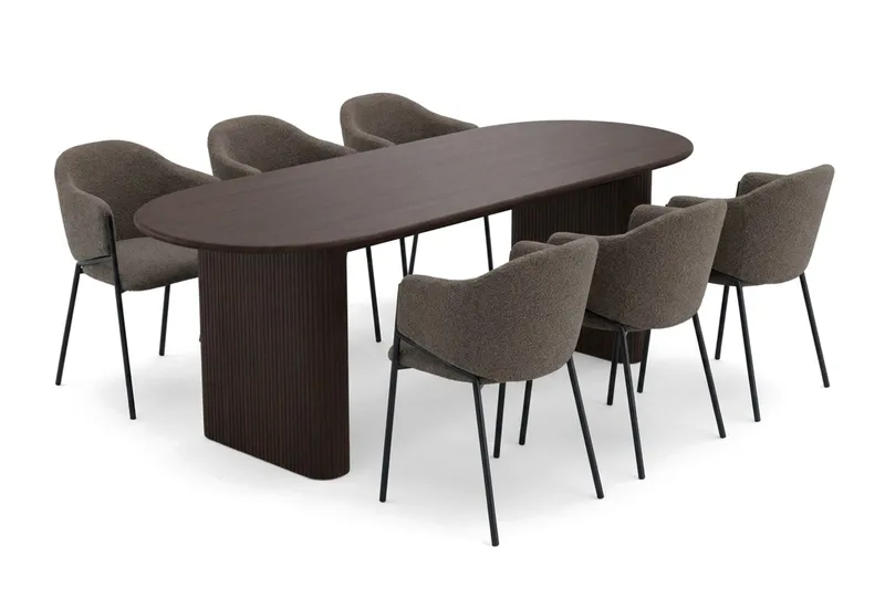 Noira-ruokailuryhmä, soikea 180 cm, 6 Filip-ruokatuolia, Savutammi