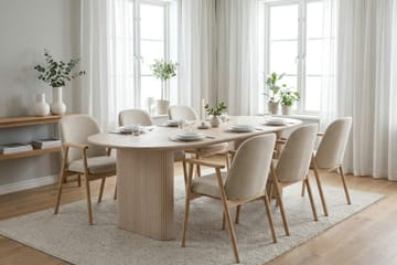 Noira ruokailuryhmä, suorakulmainen, 220 cm, valkolaseerattu, ja 6 Reciclar-ruokapöydän tuolia - Valkolaseroitu tammi - Huonekalut - Pöytä & ruokailuryhmä - Ruokailuryhmä