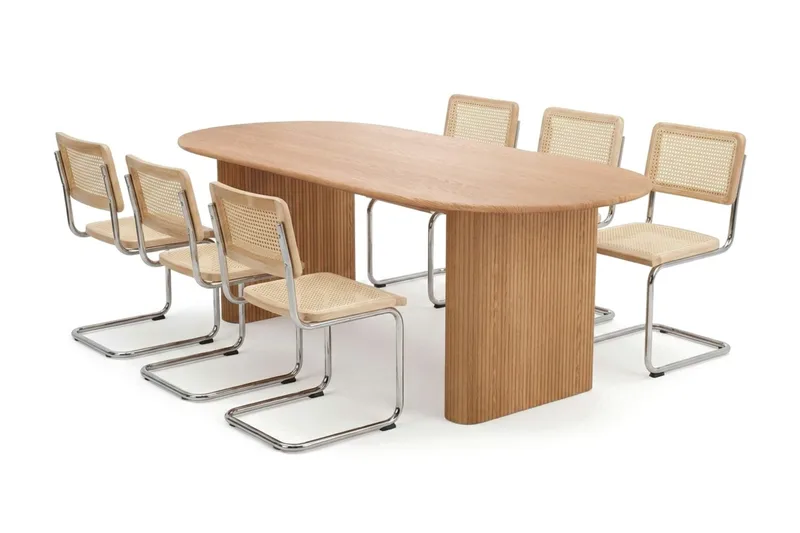 Noira-ruokailuryhmä, suorakulmainen 220 cm, tammi, 6 Build-ruokapöydän tuolia, Tammi