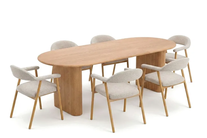 Noira-ruokailuryhmä 160–220 cm, jatkettava, tammi, 6 Ronja-ruokatuolia, Hiekka/tammi