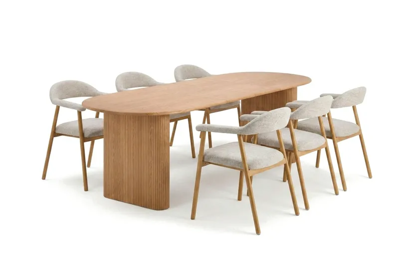 Noira-ruokailuryhmä 220–320 cm, jatkettava, tammi, 6 Ronja-ruokatuolia, Hiekka/tammi