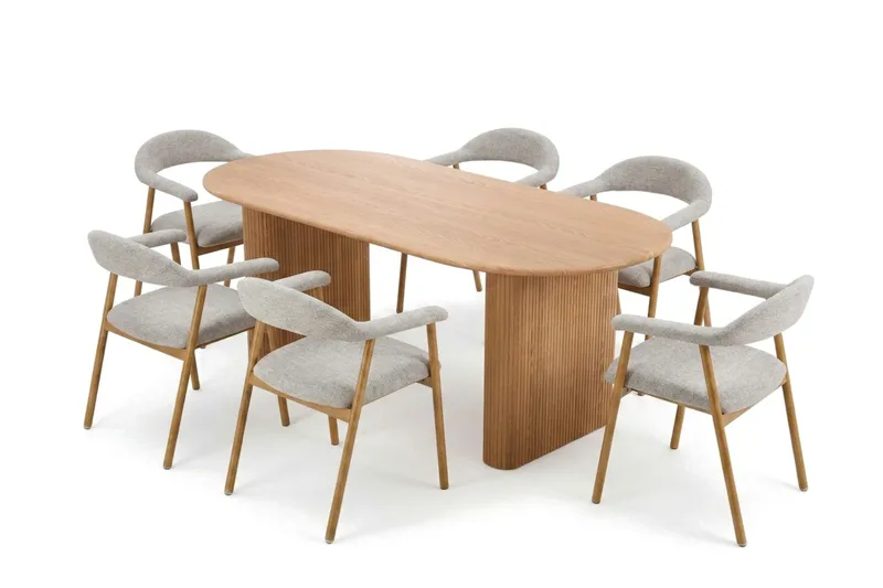 Noira-ruokailuryhmä 220 cm, suorakulmainen, tammi, 6 Ronja-ruokatuolia, Hiekka/tammi