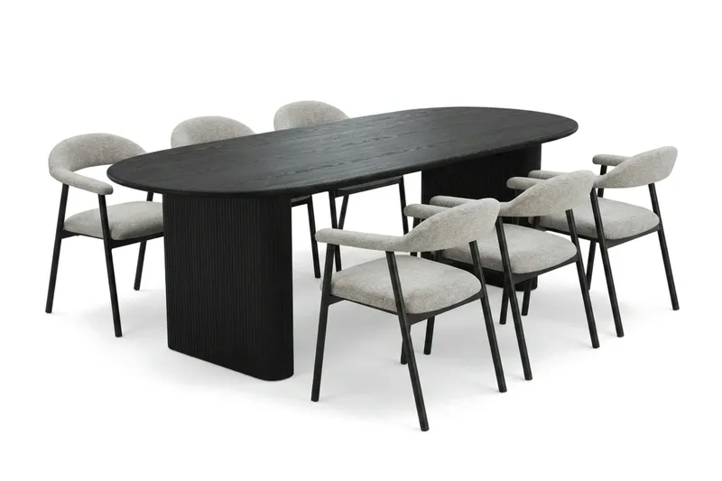 Noira-ruokailuryhmä 220 cm suorakulmainen mustana, 6 Ronja-ruokatuolia, Beige/musta