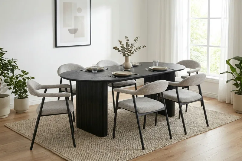 Noira-ruokailuryhmä 220 cm suorakulmainen mustana, 6 Ronja-ruokatuolia - Beige/musta - Huonekalut - Pöytä & ruokailuryhmä - Ruokailuryhmä