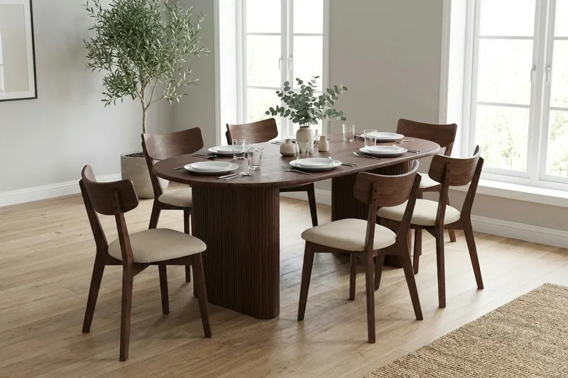 Noira-ruokailuryhmä 220 cm suorakulmainen pähkinää, 6 Amelia-ruokatuolia pehmusteella - Pähkinä/beige - Huonekalut - Pöytä & ruokailuryhmä - Ruokailuryhmä