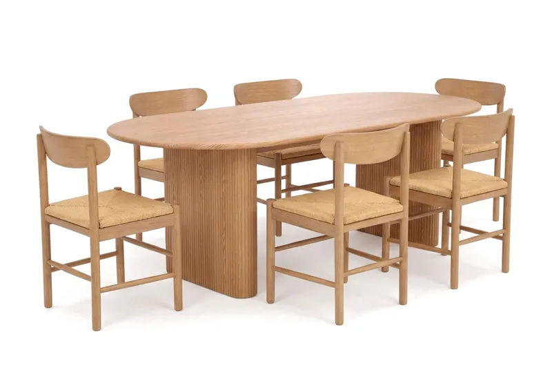 Noira-ruokailuryhmä suorakulmainen 220 cm tammea, 6 Malte-ruokatuolia, undefined