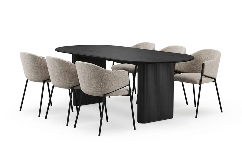 Noira Soikea Ruokapöytä 220 cm 6 Filip Ruokatuolia, Musta / Taupe Bouclé