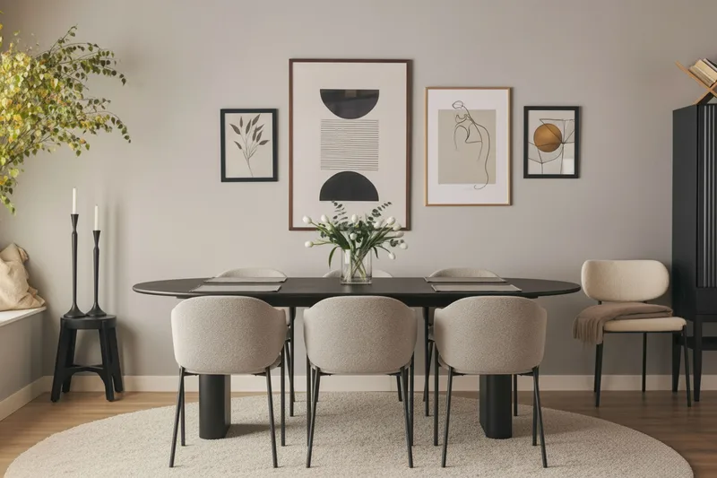 Noira Soikea Ruokapöytä 220 cm 6 Filip Ruokatuolia - Musta / Taupe Bouclé - Huonekalut - Pöytä & ruokailuryhmä - Ruokailuryhmä