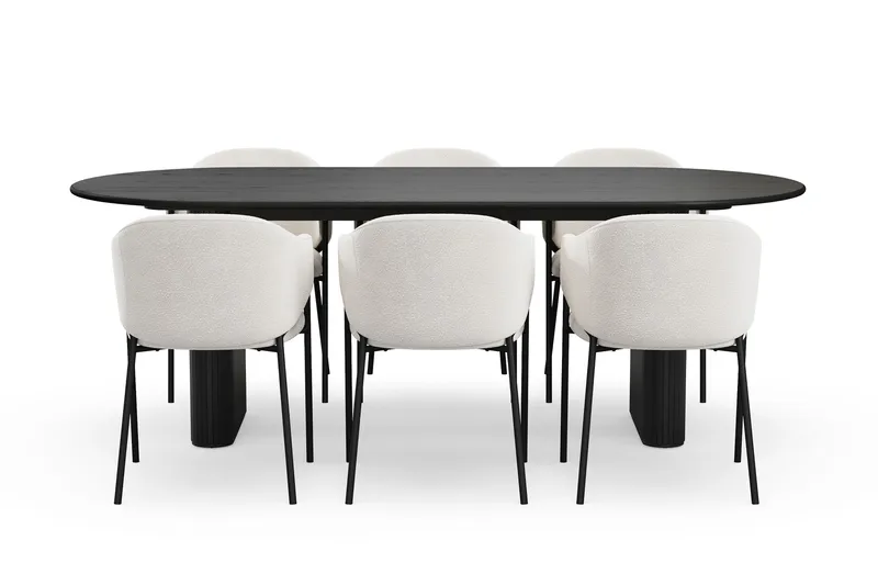 Noira Soikea Ruokapöytä 220 cm 6 Filip Ruokatuolia - Musta / Valkoinen Bouclé - Huonekalut - Pöytä & ruokailuryhmä - Ruokailuryhmä