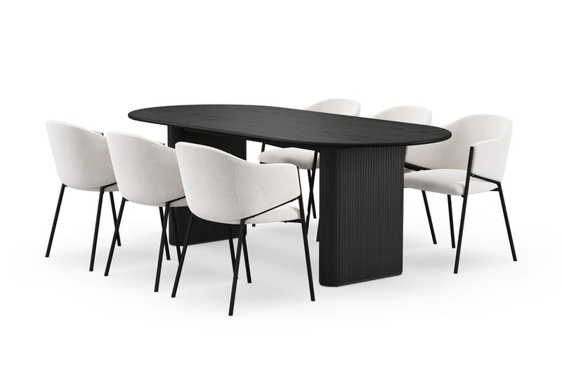 Noira Soikea Ruokapöytä 220 cm 6 Filip Ruokatuolia, Musta / Valkoinen Bouclé
