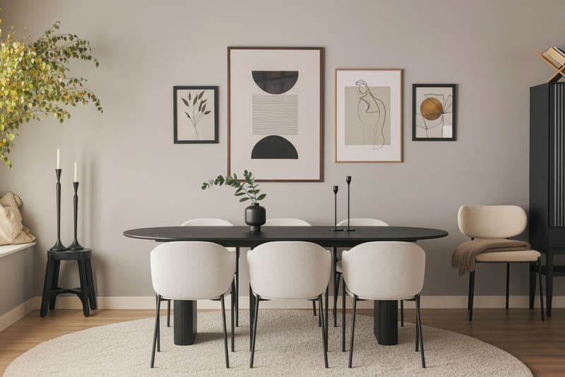 Noira Soikea Ruokapöytä 220 cm 6 Filip Ruokatuolia - Musta / Valkoinen Bouclé - Huonekalut - Pöytä & ruokailuryhmä - Ruokailuryhmä