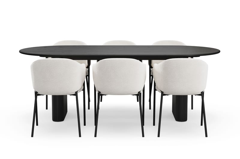 Noira Soikea Ruokapöytä 220 cm 6 Filip Ruokatuolia - Musta / Valkoinen Bouclé - Huonekalut - Pöytä & ruokailuryhmä - Ruokailuryhmä