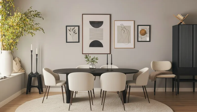 Noira Soikea Ruokapöytä 220 cm 6 Greya Ruokatuolia käsinojilla - Musta / Valkoinen Bouclé / Metallijalat Pähkinä - Huonekalut - Pöytä & ruokailuryhmä - Ruokailuryhmä