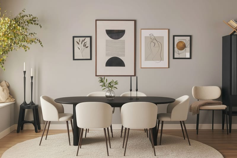 Noira Soikea Ruokapöytä 220 cm 6 Greya Ruokatuolia käsinojilla - Musta / Valkoinen Bouclé / Metallijalat Pähkinä - Huonekalut - Pöytä & ruokailuryhmä - Ruokailuryhmä