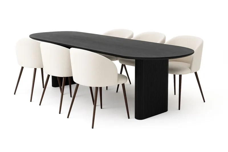 Noira Soikea Ruokapöytä 220 cm 6 Greya Ruokatuolia käsinojilla, Musta / Valkoinen Bouclé / Metallijalat Pähkinä