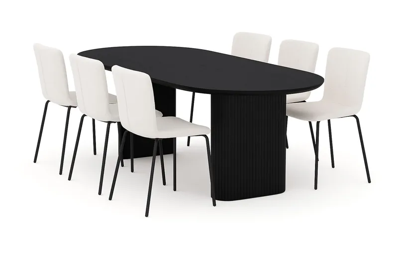 Noira Soikea Ruokapöytä 220 cm 6 Katy Ruokatuolia, Musta / Valkoinen Bouclé / Metallijalat Musta