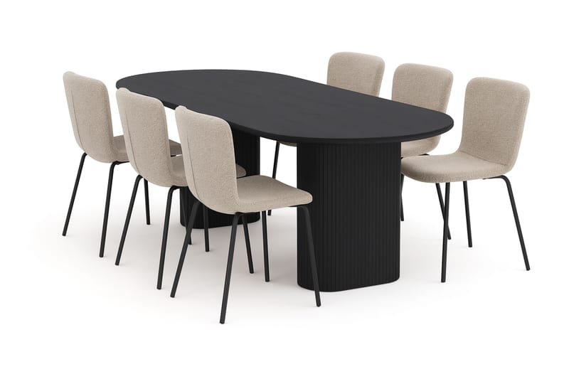 Noira Soikea Ruokapöytä 220 cm 6 Katy Ruokatuolilla, Musta / Greige Bouclé / Metallijalat Musta