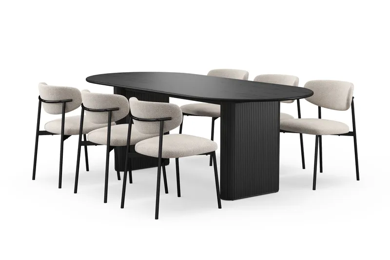 Noira Soikea Ruokapöytä 220 cm 6 Lucy Ruokatuolia, Musta / Greige Bouclé / Metallijalat Musta