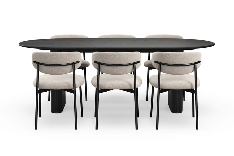 Noira Soikea Ruokapöytä 220 cm 6 Lucy Ruokatuolia - Musta / Greige Bouclé / Metallijalat Musta - Huonekalut - Pöytä & ruokailuryhmä - Ruokailuryhmä